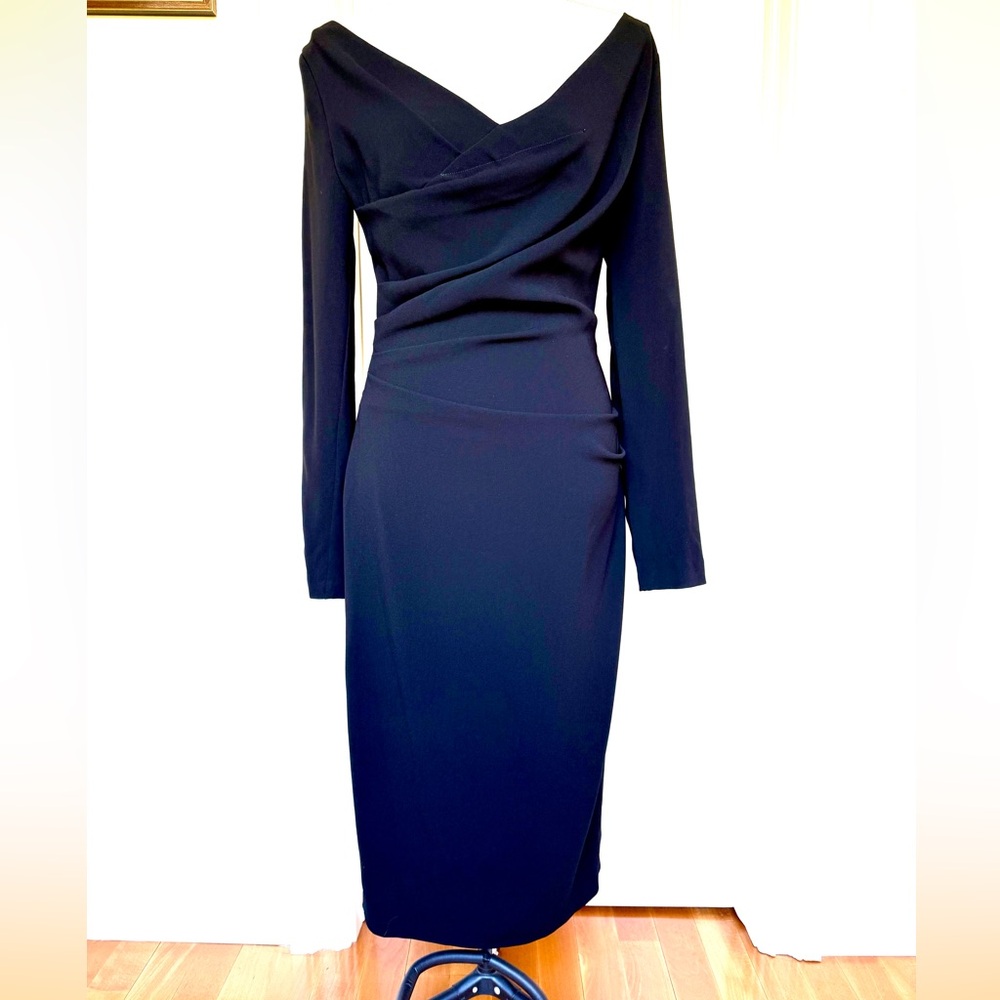 NWT Talbot Runhof Black L/S Dress Stunning Sexy Gathered Stretchy Form Fit US 8